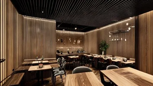 fancy restaurant, with warm strips lights, tables and chairs for eating, greenery, pendant lights, cool wallpaper, food display area, small kitchen hidden at the back,japanese restaurant,fine dining r