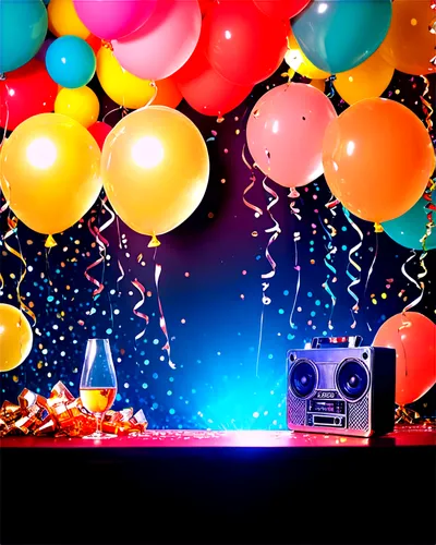 Vibrant party scene, disco ball, flashing lights, colorful balloons, streamers, confetti, DJ booth, speakers, dancing people, laughing friends, champagne bottle, wine glasses, snacks table, photobooth