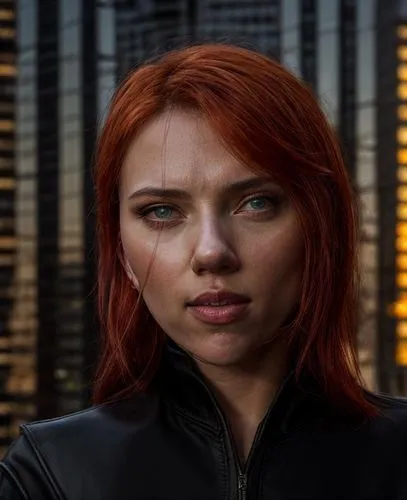 the iconic figure of Scarlett Johansson as a  brave and imposing figure, known for his red hair and piercing turquoise eyes, stands tall in the stands of New York City's iconic skyline. Clad in a slee