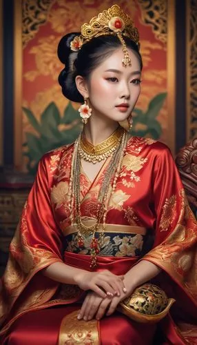 Asian princess, beautiful intricate headdress, golden jewelry, red and gold traditional clothing, delicate porcelain skin, subtle blush, almond shaped eyes, eyeliner, luscious black hair, braided pony