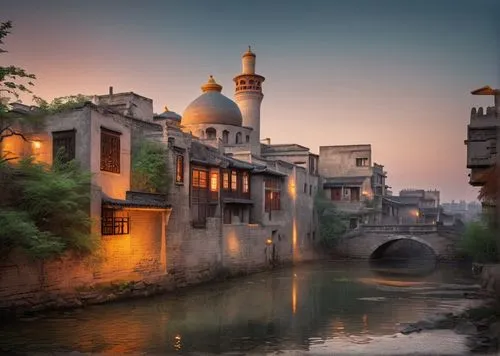 buildings in the bank of rivers, small bridge, people, minarets & domes,souk madinat jumeirah,madinat jumeirah,madinat,riad,baghdad,asian architecture,cairo,suzhou,chinese architecture,pink city,the c