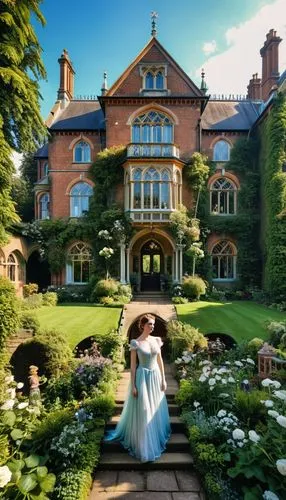 The UK loves Victorian architecture, a great garden.,a woman wearing an evening gown stands in front of a big house,glyndebourne,victorian style,victoriana,easthampstead,tylney,wightwick,rufford,victo