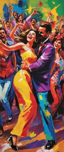 Describe a lively boliche with energetic music and grooving crowds.,salsa dance,latin dance,folk-dance,street dance,dance with canvases,dancing couple,hip-hop dance,dance club,folk dance,oil painting 