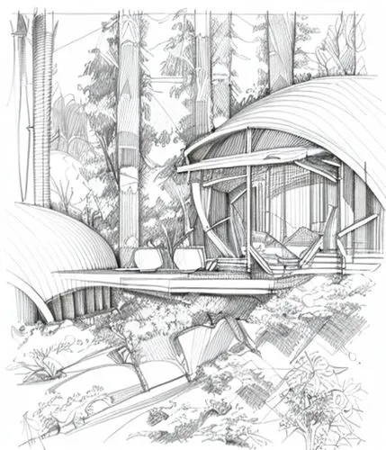 draw a plan for arquitectura,house in the forest,concept art,tree house hotel,eco-construction,tree house,treehouse,futuristic architecture,canopy walkway,archidaily,roof structures,redwoods,garden bu