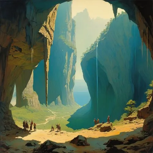 canyon,guards of the canyon,canyons,caverns,caves,cavern,karst landscape,cave,sea caves,fantasy landscape,futuristic landscape,narrows,cavin,fallen giants valley,savanes,explorers,the blue caves,canyoneering,valley,yellow mountains,Illustration,Paper based,Paper Based 12