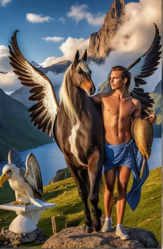 pegasus,gryphon,griffin,fantasy picture,man and horses,mongolian eagle,fantasy art,centaur,world digital painting,giant sea eagle,mythological,bordafjordur,montgolfiade,griffon bruxellois,digital compositing,the spirit of the mountains,greek mythology,oxpecker,gray eagle,eagle,Photography,General,Realistic