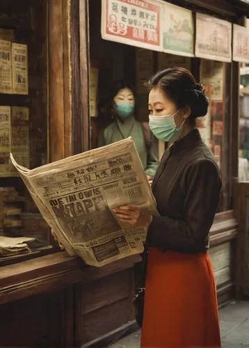 A woman wearing a mask and reading a newspaper in a store in Chinatown,blonde woman reading a newspaper,people reading newspaper,newspaper reading,newspaper delivery,newspapers,reading the newspaper,w