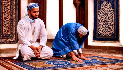 Muslim man, praying, kneeling, hands clasped, white robe, blue patterned headscarf, brown sandals, toes pointed, mosque carpet, intricate patterns, soft warm lighting, 3/4 composition, shallow depth o