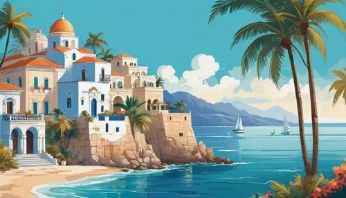 mediterranean,seaside resort,beach landscape,coastal landscape,an island far away landscape,world digital painting,mediterranean sea,landscape background,sea landscape,ocean paradise,tropical island,cyclades,beach scenery,mediterrean,dream beach,travel poster,tropical sea,isole,angra,haiti,Illustration,Japanese style,Japanese Style 06