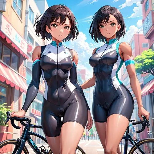 catsuits,leotards,biking,wetsuits,bike riding,bike ride,Anime,Anime,Realistic