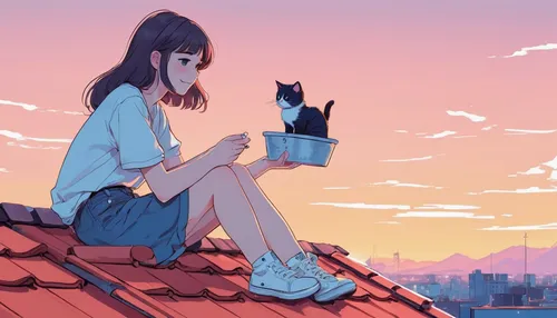 stray cat,rooftops,rooftop,cat's cafe,on the roof,street cat,girl with dog,cat mom,cat lovers,summer evening,roofs,roof landscape,stray,roof top,ritriver and the cat,girl sitting,summer sky,two cats,strays,cat drinking tea,Illustration,Japanese style,Japanese Style 06