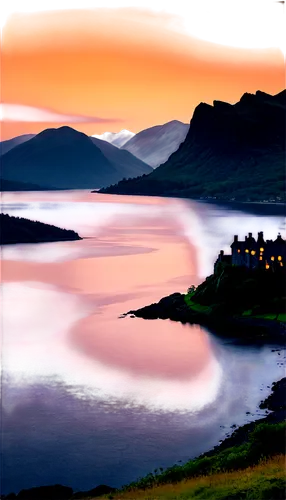 Elegant desktop, Scotland landscape, misty mountains, Loch Ness, Eilean Donan Castle, rugged shoreline, waves crashing, sunset warm lighting, 3/4 composition, shallow depth of field, vibrant color ton