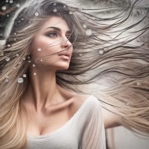 Full Body Frame, double exposure,beautiful 20 year woman in the rain, D-Cup, detailed raindrops running down her face, wet hair,,artificial hair integrations,image manipulation,photo manipulation,phot