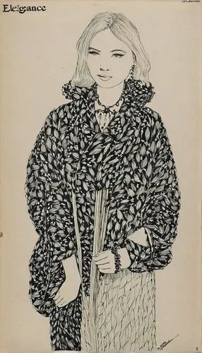 fur coat,brugiere,cruella de ville,furs,mcgarrigle,ladyhawke,brownjohn,vintage drawing,overcoats,shearling,ann margarett-hollywood,sheepskins,woman in menswear,voormann,ethel barrymore - female,greatcoat,freakbeat,long coat,janis,coat,Illustration,Black and White,Black and White 26