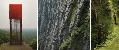 Describe a gripping standoff between the maze runner and a griever on the edge of a towering cliff.,digital compositing,hanging bridge,canopy walkway,tower fall,wooden poles,panoramical,red cliff,trek