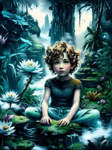 a painting of a boy sitting on top of a rock in the forest,children's background,little girl fairy,paciello,water nymph,fairie,girl in the garden,Illustration,Realistic Fantasy,Realistic Fantasy 25