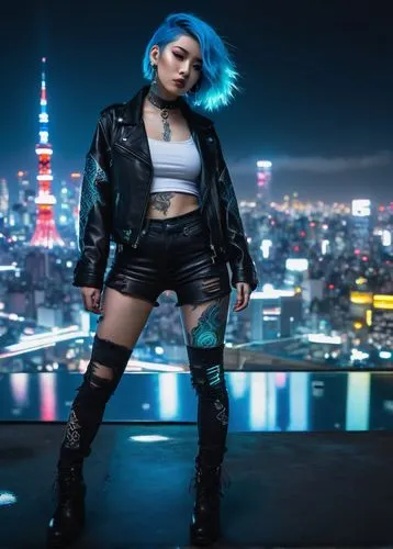 cyberpunk,hk,taipei,birds of prey-night,tokyo ¡¡,asia,asia girl,teal blue asia,tokyo city,shanghai,asian vision,tokyo,above the city,hong,punk,femme fatale,blue hair,city lights,katana,toni,Photography,Fashion Photography,Fashion Photography 09