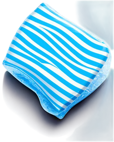 Transparent background, ice pack, plastic wrapper, blue and white stripes, rectangular shape, flat bottom, curved top, frosty surface, shiny material, soft lighting, 3/4 composition, shallow depth of 