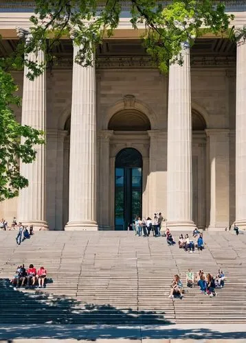 Philadelphia Museum of Art, majestic building, neoclassical architecture, grand staircase, high ceilings, marble floors, ornate details, columns, arches, grand entrance, cityscape, urban landscape, da