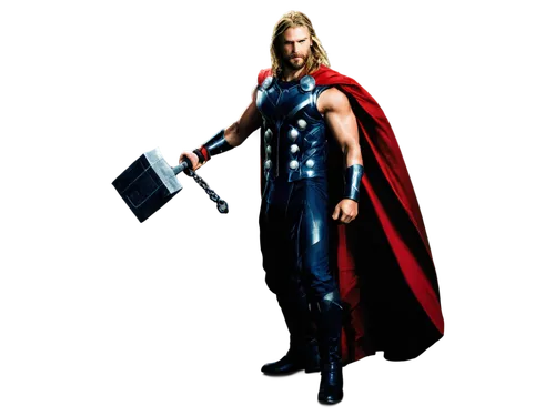 Thor, god of thunder, muscular male, iconic hammer Mjolnir, golden armor, cape flowing in wind, bold facial expression, determined eyes, strong jawline, dynamic pose, dramatic lighting, dark backgroun