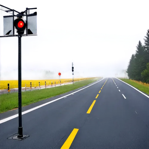 Railroad crossing, warning lights, flashing red lights, loud bell ringing, metal barriers lowering, asphalt road, yellow stripes, morning mist, 3/4 composition, shallow depth of field, realistic textu