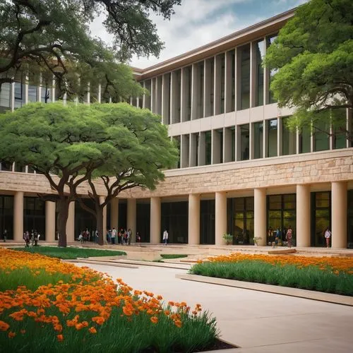 UT Austin architecture, University of Texas campus, modern academic building, grand entrance, tall pillars, beige stone walls, glass windows, green roofs, courtyard garden, walking paths, students soc