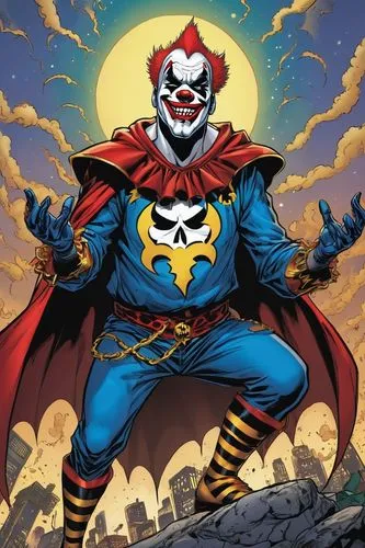 Insane Clown Posse as superheroes from Marvel Comics.,the evil joker is in a comic book,bizarro,bizarros,horror clown,pagliacci,pennywise,uatu,Illustration,American Style,American Style 13