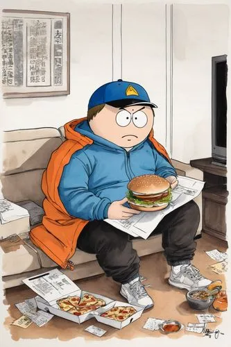 Cartman, South Park style, chubby cheeks, messy brown hair, blue hat, orange jacket, black pants, white sneakers, holding a burger, sitting on a couch, in front of a TV, in a messy living room, with d