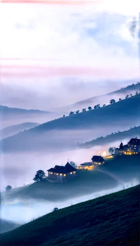 Foggy atmosphere, misty scene, mysterious ambiance, soft focus, eerie silence, dimly lit, cold tone, morning or evening setting, fog rolling over hills or buildings, wispy tendrils of fog, mystical au