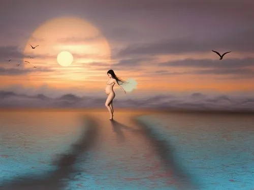 Beautiful pregnancy young womaan full nude very exotic and misty skyll ,a 3d painting of a woman walking across the water,fantasy picture,moonwalk,moondance,dreamscape,photo manipulation,dreamscapes,I