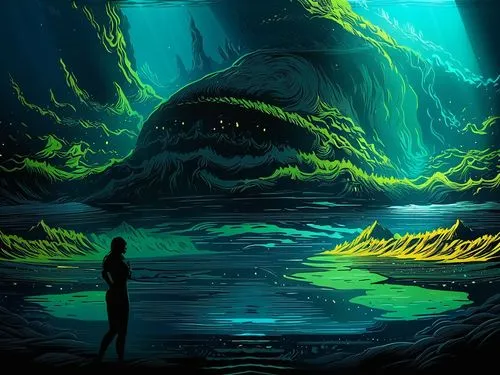 bioluminescent,dagobah,lagoon,acid lake,bioluminescence,fathom,Illustration,Realistic Fantasy,Realistic Fantasy 25