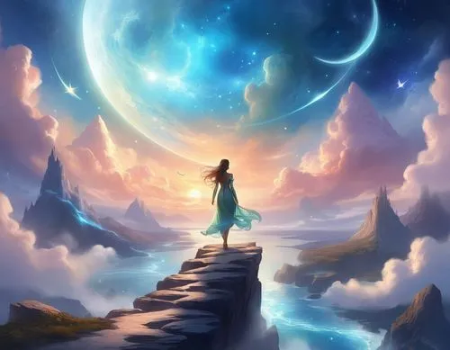 fantasy picture,dreamscape,dreamstone,moon and star background,the mystical path,dreamtime,Illustration,Realistic Fantasy,Realistic Fantasy 01