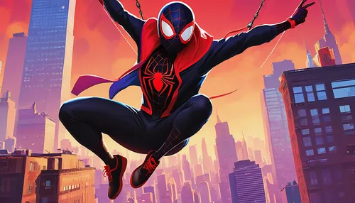 Illustrate a dramatic Spider-Man: Into the Spider-Verse poster showing Miles Morales swinging through the New York skyline with his trusty spidey-suit!,spider-man,spiderman,spider man,the suit,spider 