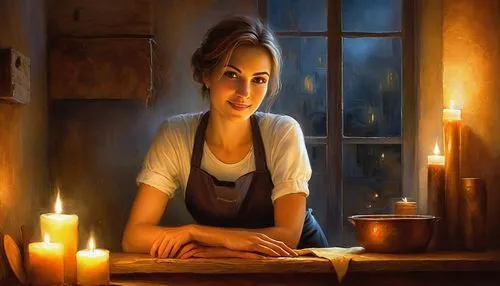 girl studying,girl in the kitchen,innkeeper,candlemaker,romantic portrait,girl at the computer,girl with bread-and-butter,woman at cafe,girl drawing,candlelit,world digital painting,tutor,candlelight,digital painting,painting technique,fantasy portrait,candle light,librarian,artist portrait,candlelights,Conceptual Art,Daily,Daily 32