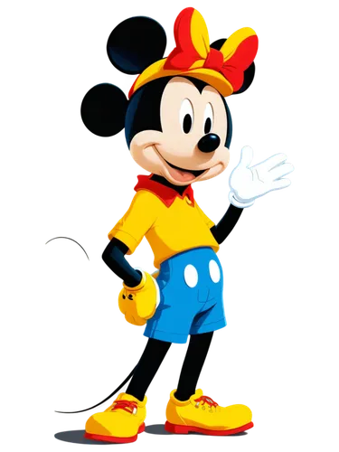 Mickey Mouse, free style, standing, iconic pose, white gloves, red shorts, yellow shoes, cheerful smile, bright eyes, cartoonish, vibrant colors, soft focus, shallow depth of field, warm lighting, 3/4