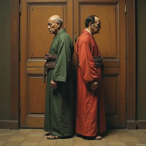 Two characters in traditional robes stand back-to-back in front of wooden panel doors.,two men are standing in front of two doors,buddhists monks,monks,bhikkhunis,daoists,buddhist monk,krishnas