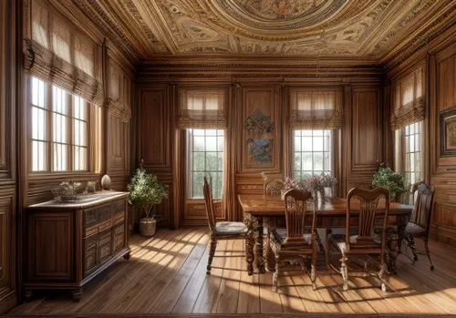 dining room,cabinetry,danish room,breakfast room,china cabinet,hardwood floors,ornate room,victorian kitchen,cabinets,dining room table,kitchen & dining room table,assay office in bannack,3d rendering,study room,armoire,kitchen interior,interiors,wood flooring,interior design,dining table