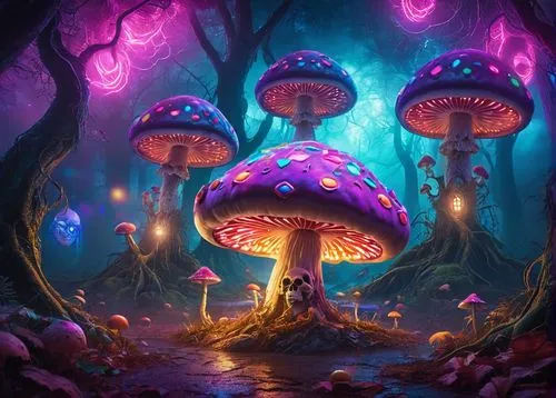 Fantasy landscape, giant mushroom, fluffy white clouds, eerie glowing eyes, sugar skull, ornate details, Victorian-era-inspired, mysterious atmosphere, dark forest, twisted tree roots, misty fog, soft