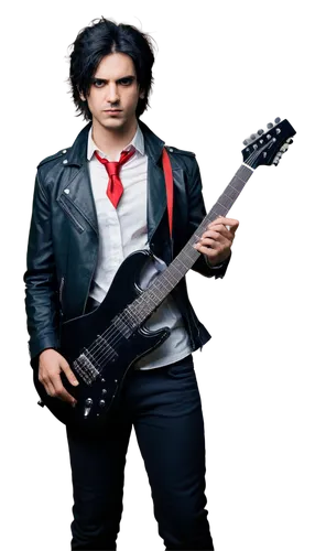 Halloween-themed musician, royalty-free, male, solo, (30yo), messy black hair, pale skin, dark circles under eyes, black leather jacket, white shirt, red tie, black pants, holding guitar, standing, sp