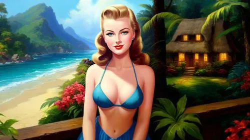 Romantic masterpiece oil painting, cute girl portrait, nostalgic 1950's style kitsch, vibrant rainforest landscape, lush tropical jungle paradise, summer beach vacation seaside cottage scenery, by Tho