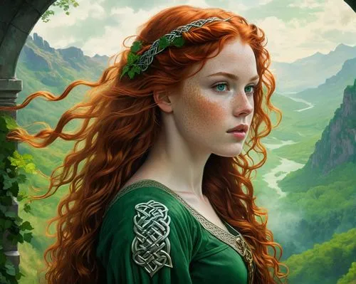 celtic queen,merida,celtic woman,fantasy portrait,fantasy art,elven,celt,faery,the enchantress,fantasy picture,mystical portrait of a girl,fae,green wreath,princess anna,green dragon,redheads,elven flower,irish,celtic tree,dryad,Conceptual Art,Fantasy,Fantasy 05