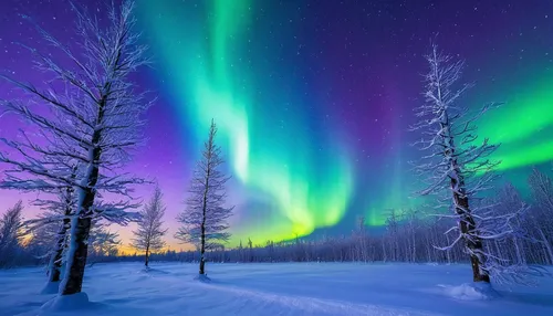 Frozen trees covered with snow under the Northern Lights (Aurora Borealis), Abisko, Kiruna Municipality, Norrbotten County, Lapland, Sweden, Scandinavia, Europe,auroras,aurora borealis,northen lights,