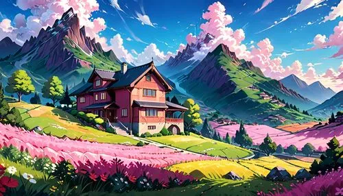 alpine village,house in mountains,mountain village,alpine landscape,house in the mountains,home landscape,mountain landscape,mountain scene,landscape background,mountain huts,mountain settlement,pink grass,mountain valley,mountainous landscape,butka,mountainside,mountain world,paisaje,aurora village,mountains,Anime,Anime,Realistic