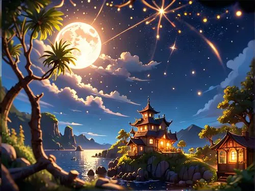 moon and star background,landscape background,fantasy landscape,fantasy picture,mid-autumn festival,ramadan background,cartoon video game background,moonlit night,fantasy world,fairy world,background images,dream world,stars and moon,moon and star,night scene,delight island,an island far away landscape,magical adventure,children's background,magical,Anime,Anime,Cartoon