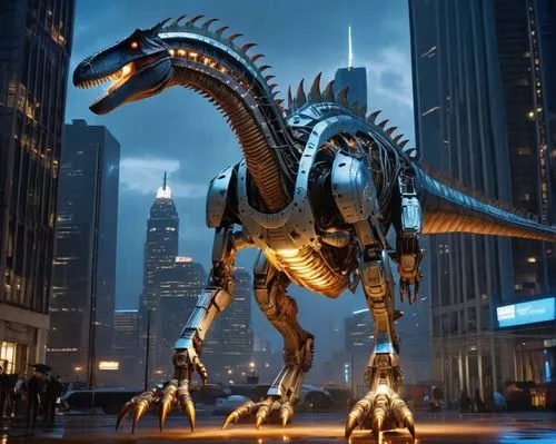 Mechanical Spinosaurus, robotic dinosaur, futuristic, metallic body, silver armor, glowing blue circuits, sharp claws, powerful legs, advanced AI eyes, cityscape background, skyscrapers, neon lights, 