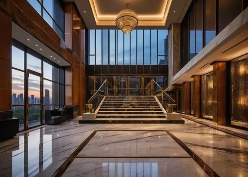 Voysey-inspired, CFA (clean formalist architecture), modern, luxurious, skyscraper, sleek lines, geometric shapes, reflective glass, metallic accents, grand entrance, high ceiling lobby, marble floori