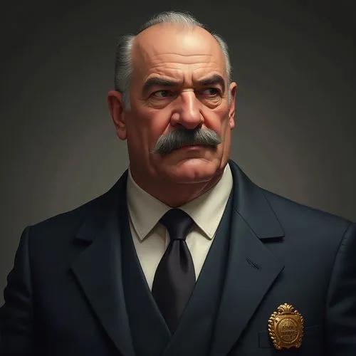 Serious half bald middle aged agent with a gray mustache and big nose with square chin in a suit with a badge ,an older man with a mustache is in a suit,commissario,luciano,zetsche,grossberg,giancana,