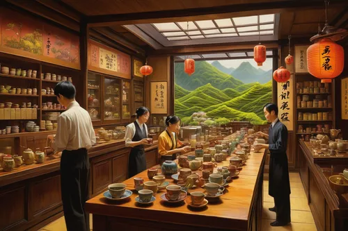 watercolor tea shop,japanese tea,tea ceremony,junshan yinzhen,traditional chinese medicine,maojian tea,oriental painting,china tea,japanese restaurant,chinese tea,tea zen,apothecary,dianhong tea,pu'er tea,sake set,tieguanyin,spice market,da hong pao,japanese cuisine,chinese medicine,Illustration,Realistic Fantasy,Realistic Fantasy 32