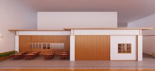 Ramen restaurant,an empty room filled with tables and chairs,japanese-style room,mid century house,sketchup,3d rendering,school design,clerestory,mid century modern,neutra,midcentury,render,schoolroom