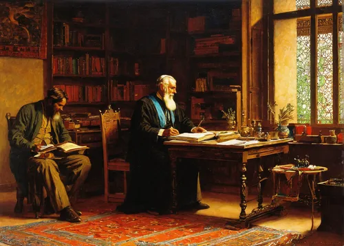 lev lagorio,scholar,children studying,hans christian andersen,reading room,tutor,theoretician physician,consulting room,study room,contemporary witnesses,authorship,carl svante hallbeck,girl studying,the annunciation,asher durand,man with a computer,meticulous painting,apothecary,watchmaker,academic dress,Art,Classical Oil Painting,Classical Oil Painting 42